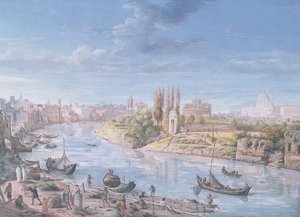 遠くにサンピエトロ大聖堂とサンアンジェロ城があるローマの景色、1685年 作： Gaspar van Wittel