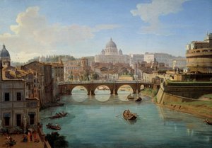 ローマの聖ペテロ大聖堂の眺め、絵画の詳細「ローマの聖アンジェロ城の眺め」街のパノラマ、テヴェレ川とサンタンジェロ城「アンジェロ、ハドリアヌス皇帝の霊廟」 Gaspare Vanvitelli