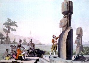 ラ ペルーズと乗組員、イースター島 (1786 年) の彫像を測定、彫刻