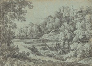 要塞と滝のあるイタリアの風景 作： Gaspard Dughet