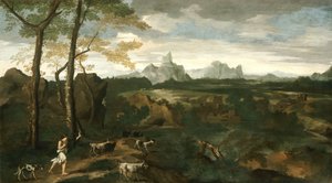 牧夫とヤギのいる風景、c。 1635年。 作： Gaspard Dughet