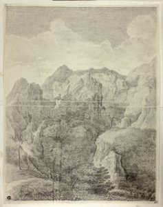 前景に二人の人物のいる山の風景