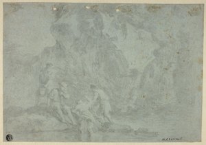 人物のいる岩だらけの風景 作： Gaspard Dughet