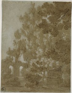 ボルゲーゼ邸の廃墟となったアーチと墓の眺め 作： Gaspard Dughet
