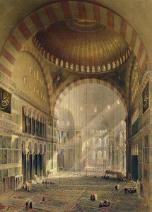 アギアソフィア、プレート24：ルイハゲ（1806-85）によって彫刻された、1852年に彫刻された、下げられたシャンデリアのある中央ドームの内部 作： Gaspard Fossati