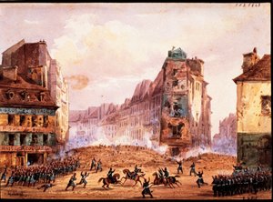 1848 革命のシーン、2 月のカルチャー サント カトリーヌ通りのバリケード、フランス、ゴボー作 作： Gaspard Gobaut