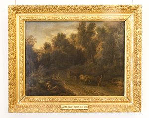牛車とフィギュアのある古典的な風景 作： Gaspard Poussin Dughet