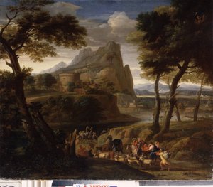 「旅行者のグループのいる風景」(キャラバンのいる風景) ガスパール・デュゲ (1615-1675) による絵画 17 世紀 国立野外博物館 パレス ガッチナ、サンクトペテルブルク 作： Gaspard Poussin Dughet