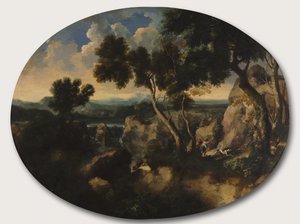 ハンターのいる岩だらけの風景、1635年頃 作： Gaspard Poussin Dughet