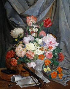 切り花とバイオリンの花瓶のある静物、Gaspare Mattioli作、キャンバスに油彩、イタリア 作： Gaspare Mattioli
