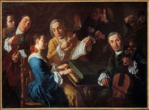 コンサート チェンバロを弾く音楽家とチェロを弾く音楽家 ガスパーレ・トラヴェルシ（1722-1770）の絵画 18世紀 日。0,96x1,3 m ルーアン、ミュゼ・デ・ボザール 作： Gaspare Traversi