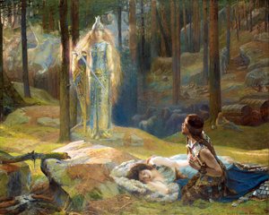 La revelation, Brunnhilde (Brunehilde, Brynhildr) decouvrant Siegmund et Sieglinde - The Revelation.ブリュンヒルデ、ジークムントとジークリンデを見る par Bussiere, Gaston (1862-1928)