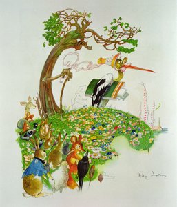 野兎と亀、ジャン・デ・ラ・フォンテーヌ作「寓話」（1621-95）（カラー彫刻） 作： Gaston Gelibert
