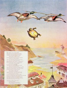 亀と二羽のカモ、寓話のジャン・ド・ラ・フォンテーヌ作（1621-95）1888（カラー彫刻）