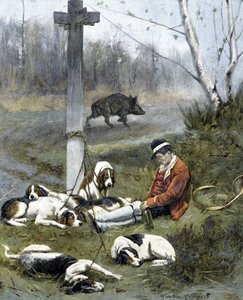 狩人と眠る犬たち - ガストン・ジェレベールの版画 作： Gaston Gelibert