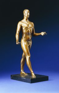 歩く男-リンカーン・カースティンの肖像、1933年頃（黒い大理石の縞模様の土台に金色のブロンズの小包） 作： Gaston Lachaise