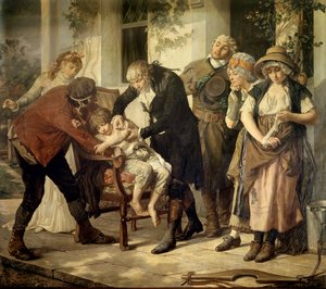 天然痘のワクチンを発見したイギリス人医師エドワード・ジェンナー（1749-1823）の最初の予防接種 画：ガストン・メリンゲ（1840-1914） 1796年 パリ、医学アカデミー 作： Gaston Melingue