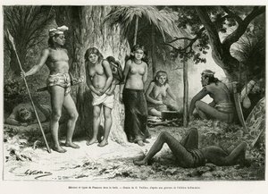 森の中のビバークとラングの種類。カール・ボックの「De Koutei a Bandjirmasin, voyage through Borneo」の挿絵をG.Vuillierが描いたもので、Edouard Charton（1807-1890）が監督した「le tour du monde 1890」に収録されている。