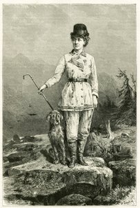 民族学者、言語学者、探検家であるシャルル・ユージン・ウファルヴィ（1842-1904）と結婚し、彼のすべての探検に同行した、旅装のマダム・マリー・ド・ウファルヴィ＝ブルドンと彼女の犬の肖像。G.Vuillierによる、自然をモチーフにした挿絵。 作： Gaston Vuillier