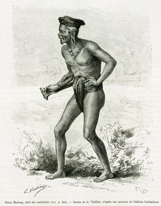 人食い人種の首領、シボウ・モバン。カール・ボックの「De Koutei a Bandjirmasin, voyage through Borneo」の挿絵としてG.Vuillierが描いたもので、Edouard Charton (1807-1890)監督の「le tour du monde 1890」に収録されている。