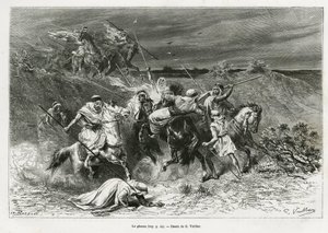 手を使って略奪するガズー（ラツィア）。1878年から1879年にかけて、アンナ・ブラント夫人が、エドゥアール・シャルトン（1807～）の指揮の下、『Tour du monde』誌に掲載した「アラブ民族発祥の地、ネジェッドでのペレリネージ」という物語を説明するために、G.Vuillierが描いた版画。