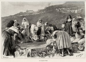 オシロ（イタリア）のラベンダー、洗面器の周りに集まる女性たち。1890年、ガストン・ヴュイリエ（1845-1915）によるエングレーヴィングと物語「ラ・サルデーニュ」、エドゥアール・シャルトン（1807-1890）の指揮による『Le tour du monde, nouveau journal des voyages』第2期に掲載された。 作： Gaston Vuillier