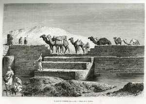 アブダラの貯水池（サウジアラビア）。1878年から1879年にかけて、アンナ・ブラント夫人が、エドゥアール・シャルトン（1807-18）の指揮の下、『Tour du monde』誌に掲載した「アラブ民族発祥の地、ネジェドのペレリナージュ」という物語を説明するために、G.Vuillierが描いた版画。 作： Gaston Vuillier