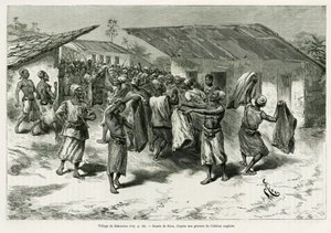 和平交渉のためにプレゼントを差し出されるバクルー村の先住民たち。Dans les tenebres de l