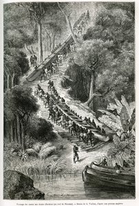 Sir H.M.Stanley（1841-1904）の指示のもと、Innkissi Falls（またはLivingstone Falls）（コンゴ）でカヌーを曳航するSir H.M.Stanley（1874-1877）の航海「Through the Mysterious Continent」の物語を説明するために、G.Vuillierが描いたものです。E