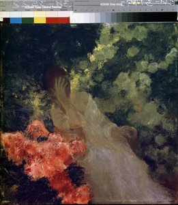 庭で。 （庭で）。 白い服を着た女性が必死に顔を手で隠している。 Gaston de La Touche (1854-1913) の絵画 作： Gaston de Latouche