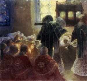 聖遺物の譲渡（聖遺物の翻訳）。 Gaston de La Touche (1854-1913) による絵画。 19世紀フランスの芸術。 キャンバスに油彩。 エルミタージュ美術館、サンクトペテルブルク。 作： Gaston de Latouche