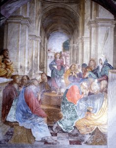 神殿でのイエスと博士たちの話し合い。ガウデンツィオ・フェラーリ（1475 - 1546）によるフレスコ画、サンタ・マリア・デレ・グラツィエ教会（ヴァラッロ）。 作： Gaudenzio Ferrari