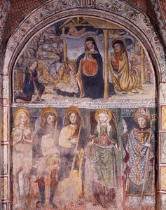キリスト降誕と聖人たち」ガウデンツィオ・フェッラーリ（1475-1546）のフレスコ画、サン・ジューリオ島のサン・ジューリオ聖堂、オルタ・サン・ジューリオ島、イタリア 作： Gaudenzio Ferrari