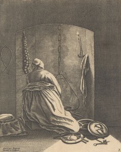 料理をする女性、「5 つの女性の職業」からのプレート 3 1640～57年頃。 1640-57。 作： Geertruydt Roghman