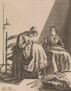 裁縫をする 2 人の女性、「5 つの女性の職業」からのプレート 1、約 1640-57。 作： Geertruydt Roghman