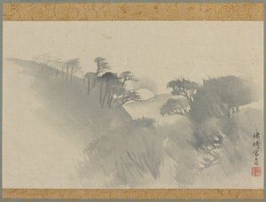 丘、木々、月の出のある風景、江戸時代、1747～1868年。 作： Genki