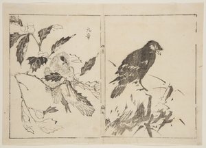 鳥や花を描いた作品2点（カラー木版画 作： Gensho Gensho
