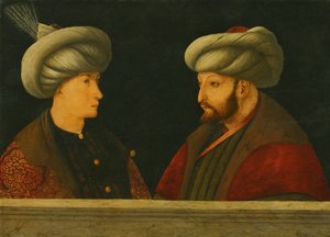 スルタン・メフメト2世（1432-81）と若い高官の肖像（木地に油彩 作： Gentile (school of) Bellini