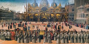 1496年、ヴェネツィアのサン・マルコ広場で行われた行列。 作： Gentile Bellini