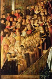 サンロレンツォ橋の十字架の奇跡、カテリーナコルナロ1454-1510と彼女の女性の詳細、キャンバスに1500オイルの詳細58302 作： Gentile Bellini