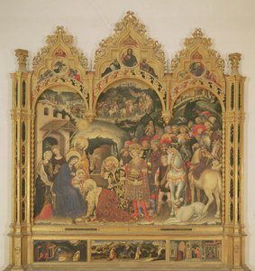 マジ祭壇画の礼拝、1423年（パネル上のテンペラ） 作： Gentile da Fabriano