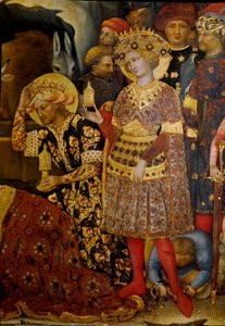 マギの崇拝の祭壇画（パラ・ストロッツィ） 二人の王を表す細部。ジェンティーレ・ダ・ファブリアーノ（ジェンティーレ・ディ・ニッコロ）（1370-1427）による絵画 1423年日。173x220cm。木にテンペラ。フィレンツェ、ガレリア・デッリ・ウフィツィ（ウフィツィ美術館 作： Gentile da Fabriano