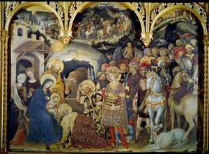 ジェンティーレ・ダ・ファブリアーノ(1370-1427)作「木彫彫像マギの崇拝」 1423年。日。3x2,8 m フィレンツェ、ウフィツィ美術館 作： Gentile da Fabriano