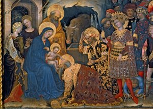 賢者の礼拝、3人の王の聖母子の詳細、パネルに1423テンペラ 作： Gentile da Fabriano