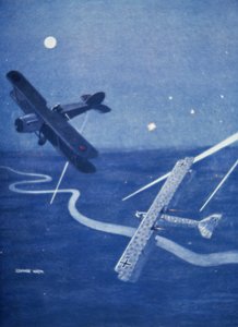 ブリストルの戦闘機が夜にロンドン上空でドイツのゴータ爆撃機を攻撃する (色リソ)