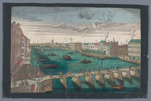 アムステルダムの Blauwbrug と Hogesluis の間の Binnen-Amstel の眺め Die Amstel von innen nach der blauen Brücke gegen der Wasser Schleuße zu Amsterdam (オブジェクトのタイトル) 作： Georg Balthasar Probst