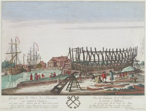 1779年、フリッシンゲンのゼーラント提督造船所の眺め。リトグラフ（36.3x49.1cm）、ゲオルク・バルタザール・プロブスト（1732-1801）のデッサンに基づくライゼルによるエングレーヴィング。 作： Georg Balthasar Probst