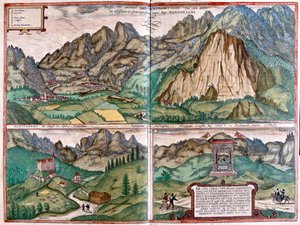 イン渓谷-シュロスベルク-皇帝マクシミリアン1世の洞窟-ゲオルク・ブラウン作「Civitates Orbis Terrarum」ケルン1617年所収、オーストリア 作： Georg Braun