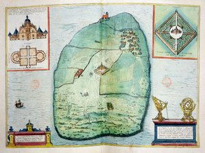 デンマークのハーヴェン島にあるウラニボー城と天文台は、ウルビウムプラエシプアラムムンディシアターキンタムから、ティコブラーエ（1546-1601）によって1584年頃に建設されました。 作： Georg Braun und Franz Hogenberg