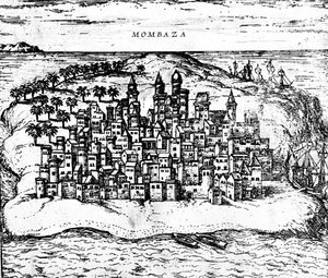 1572年に483404の彫刻の詳細を公開した、ゲオルクブラウンズチビテーツオルビステララムからのモンバザの眺め 作： Georg Braun und Franz Hogenberg